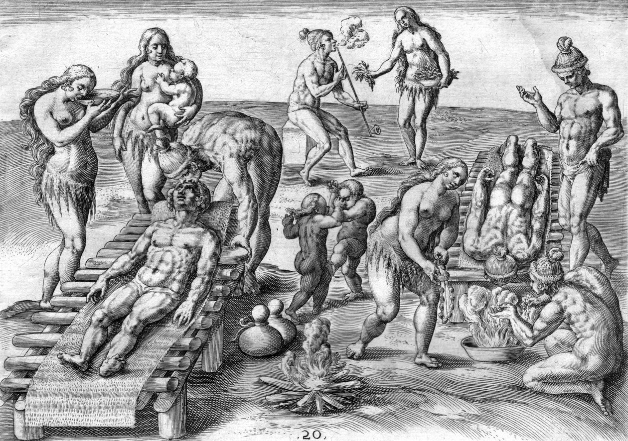 Timucuan-indianer behandlar sjuka av Theodor de Bry