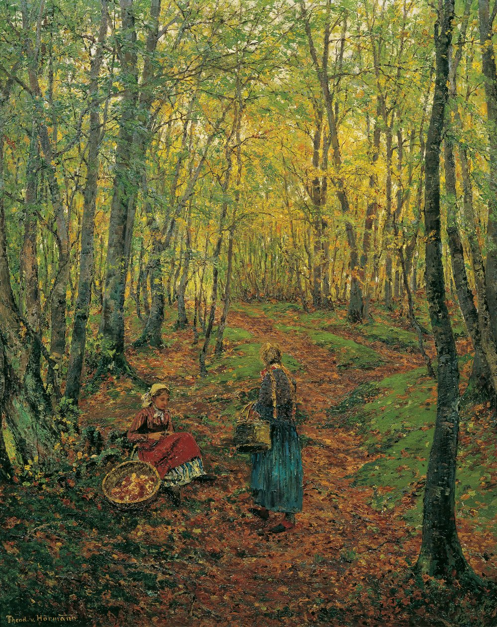 Interiör i skogen med en flicka som letar efter svamp av Theodor von Hormann