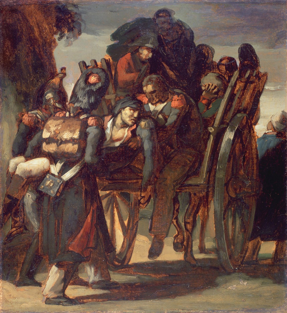 Sårade soldater i en vagn, 1814-17 (olja på papper nedlagd på duk) av Theodore Gericault