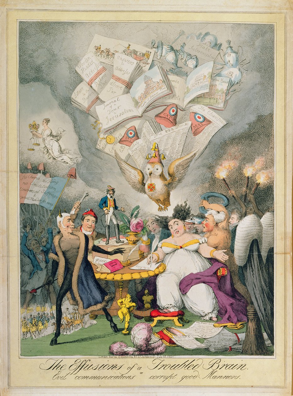 The Effusions of a Troubled Brain, or Evil Communications Corrupt Good Manners, utgiven av G. Humphrey, 1821 (färgad etsning) av Theodore Lane