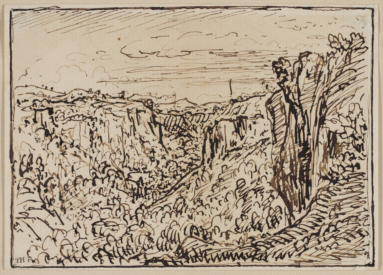 Kuperat landskap (Lizon River Gorge), ca. 1861–63 (bläck på papper) av Theodore Roussel