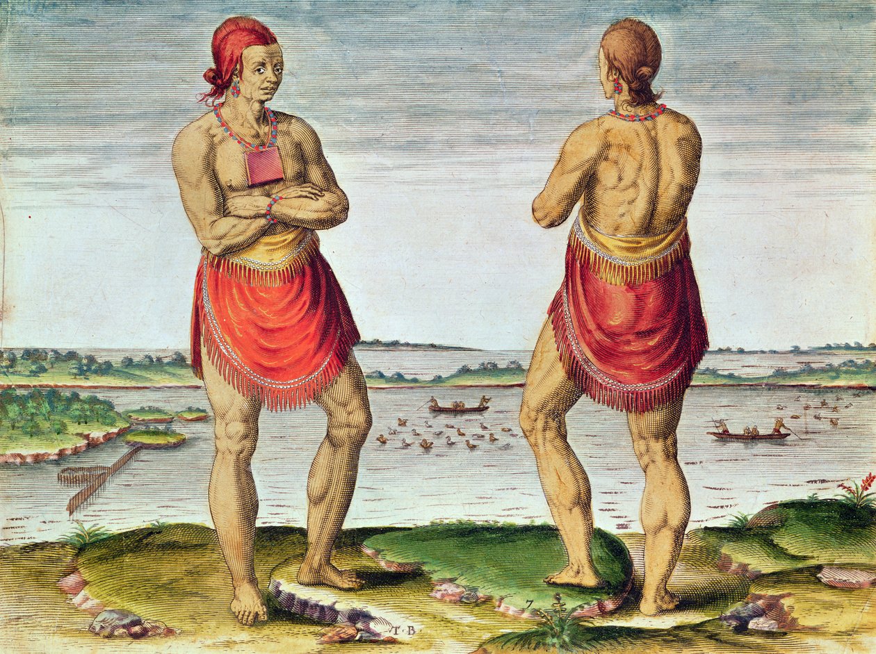 Admiranta Narratio..., chef Roanoack (sida 57, plåt 7), 1585-1588 (färgstick) av Theodore de Bry