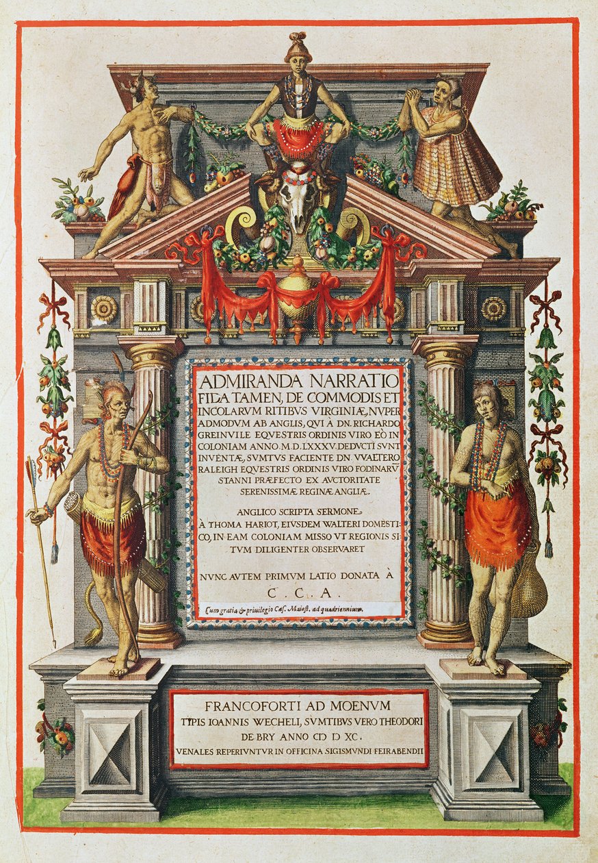 Admiranta Narratio.... Frontispice (sida 1), 1585-1588 (färggravyr) av Theodore de Bry