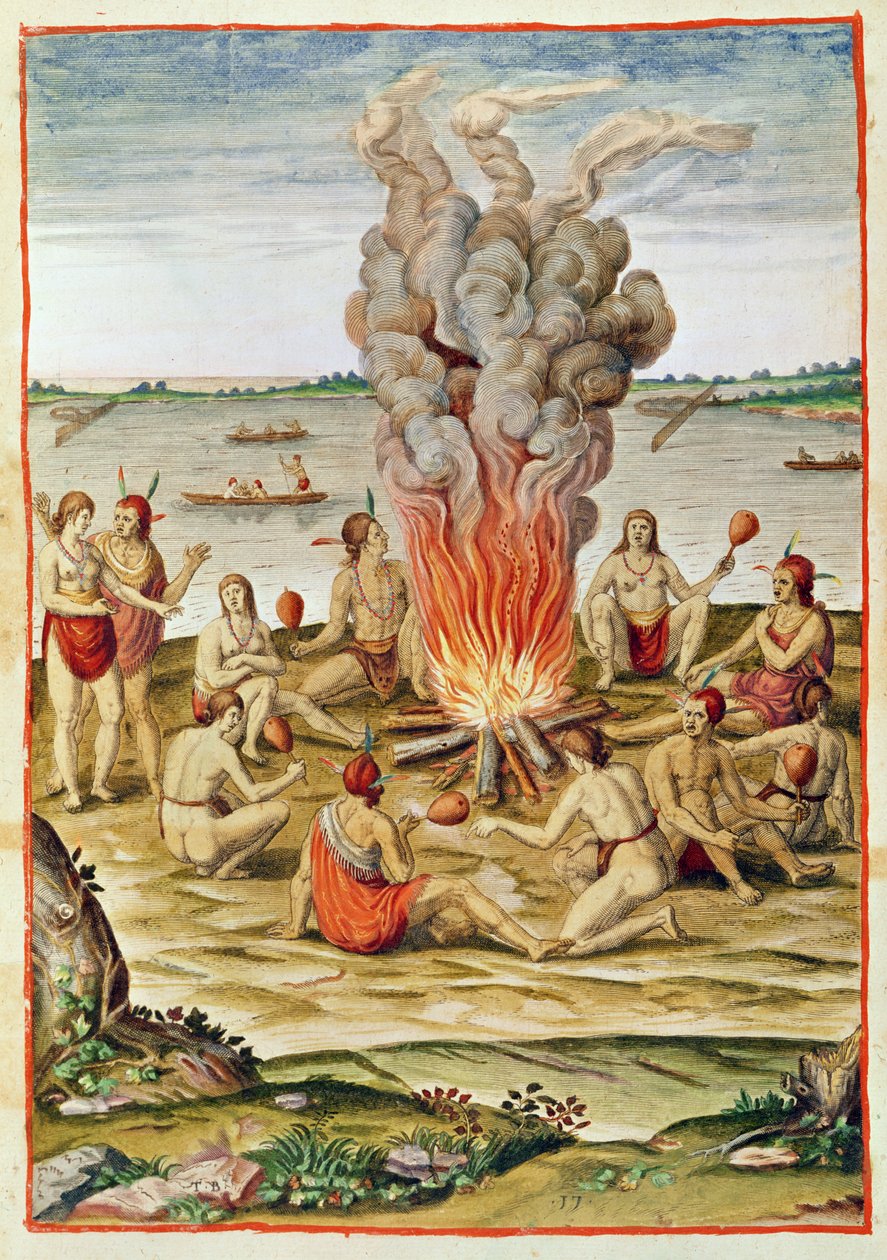 Admiranta Narratio, firandet av en seger runt en eld (sidan 79, plansch 17), 1585-88 (färggravyr) av Theodore de Bry