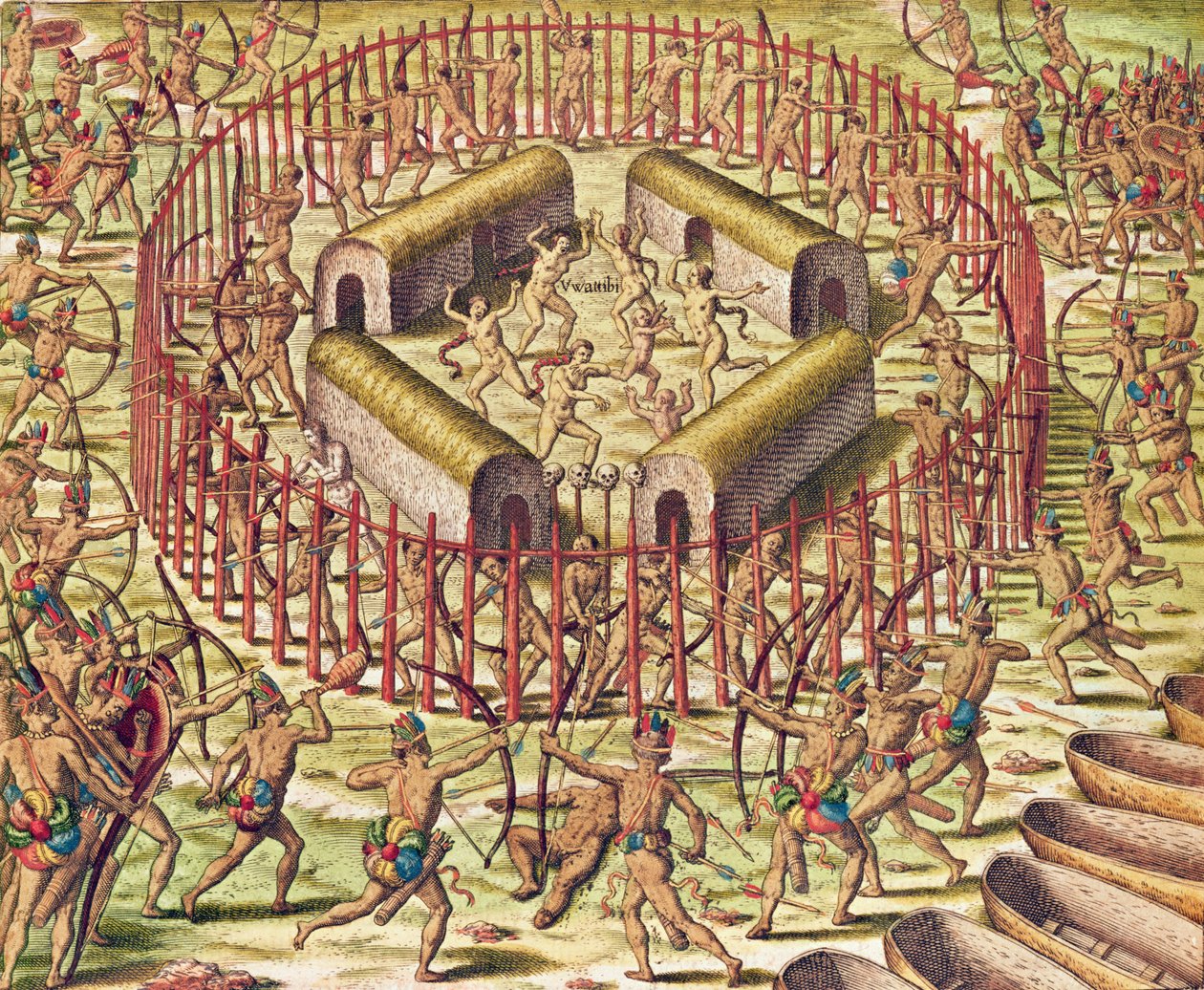 "Americae Tertia Pars", angrepp på byn av Tuppinjkinsij (sidan 364), 1562 (färggravyr) av Theodore de Bry