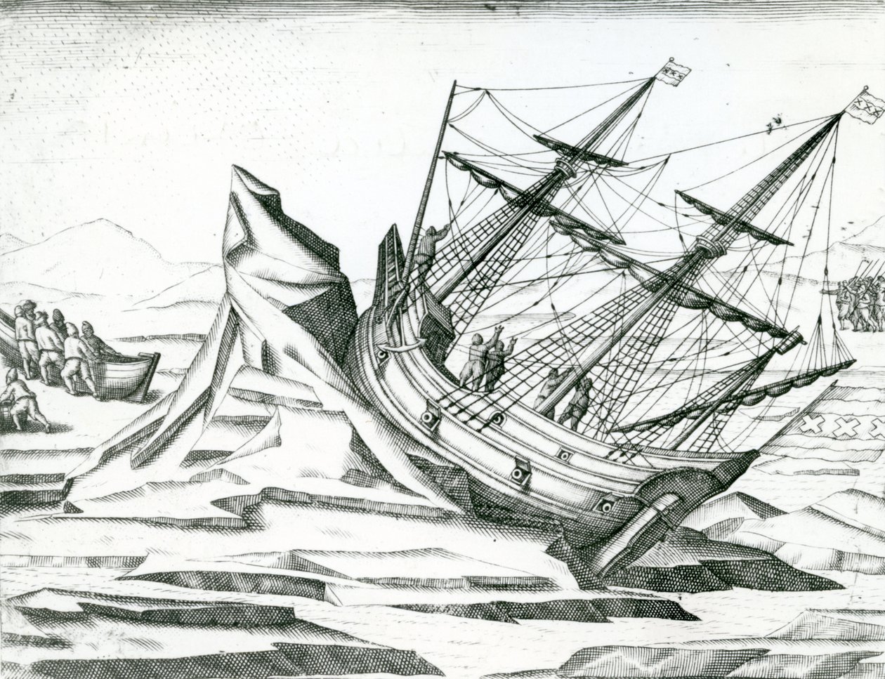 Segelfartyg strandsatt på isberg, Illustration från "India Orientalis" 1598 av Theodore de Bry