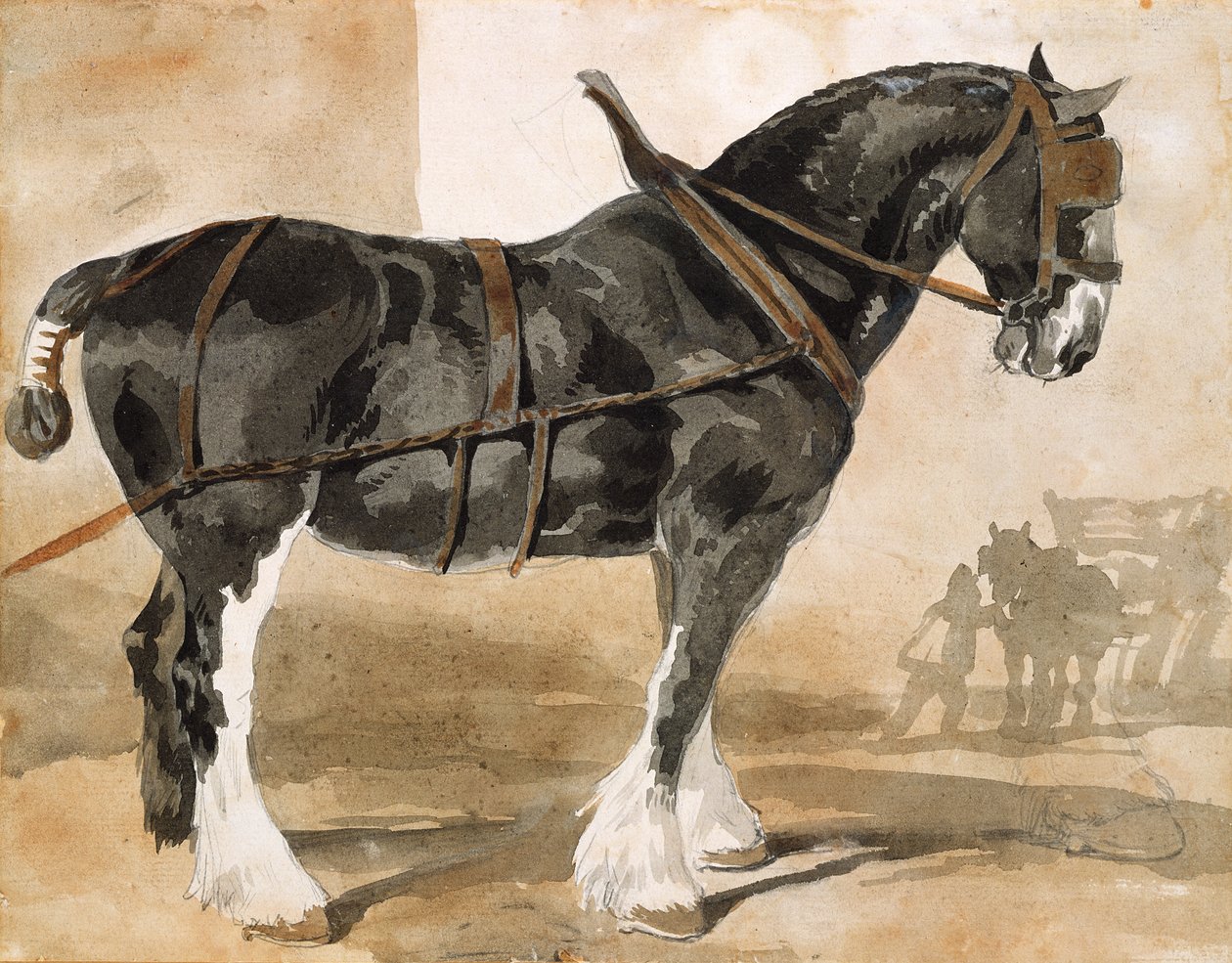 Spänd svart häst av Theodore Gericault