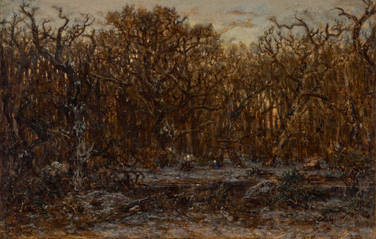 Skog vid solnedgången på vintern av Theodore Rousseau