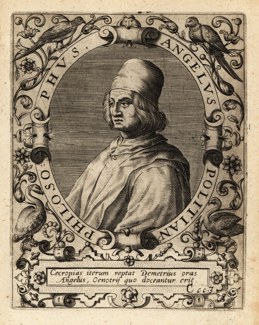 Poliziano, italiensk antikforskare. av Theodore de Bry