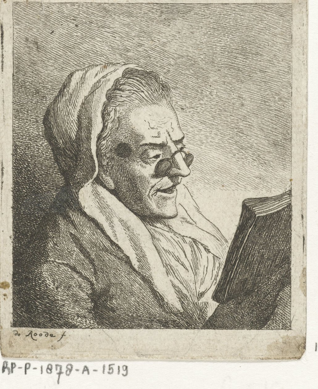 Läser gammal kvinna med pince-nez av Theodorus de Roode