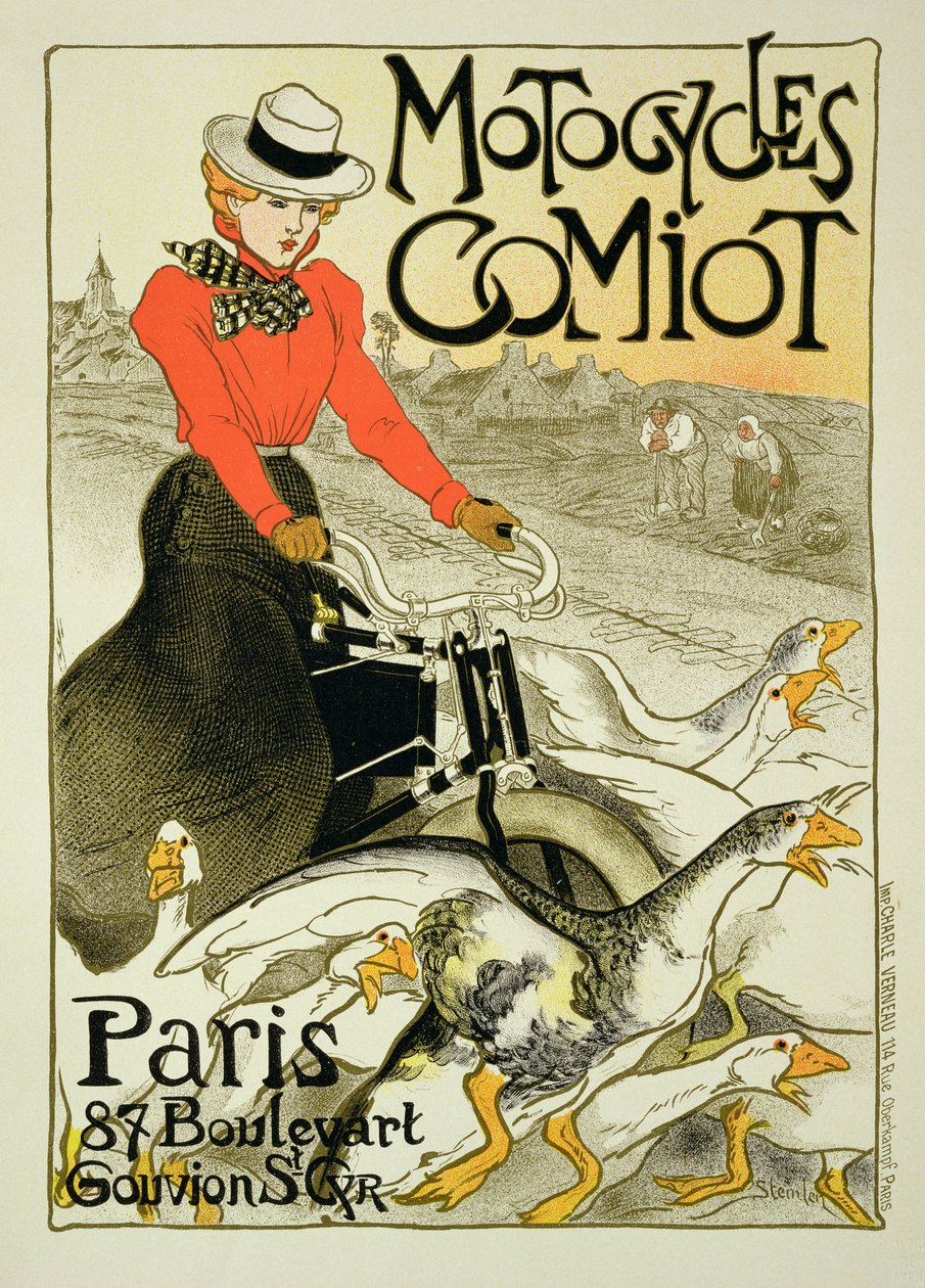 Reproduktion av en affisch som annonserar Comiot Motorcycles, 1899 av Théophile Alexandre Steinlen
