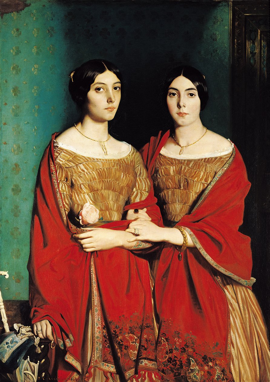 The Two Sisters, eller Mesdemoiselles Chasseriau: Marie-Antoinette-Adele (1810-69) och Genevieve (Aline) (1822-71) systrar till konstnären, 1843 av Théodore Chassériau