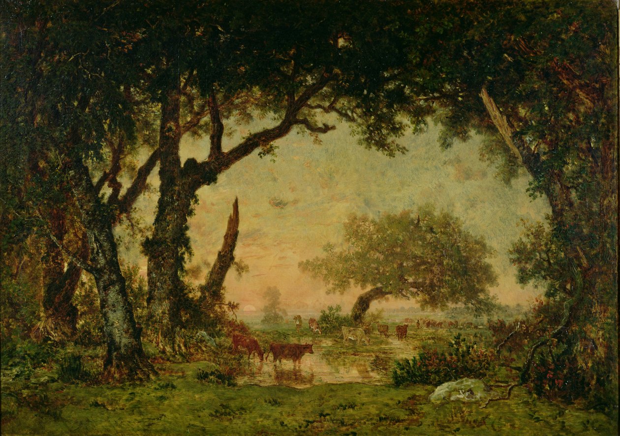 The Edge of the Forest at Fontainebleau, Solnedgang, 1850-51 sverige av Pierre Etienne Theodore Rousseau