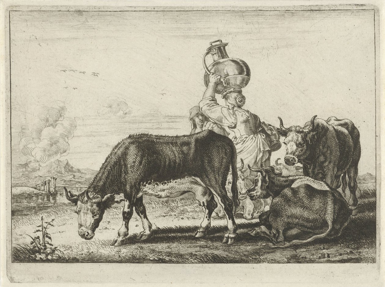 Kor och två mjölkpigor av Théodorus van Kessel