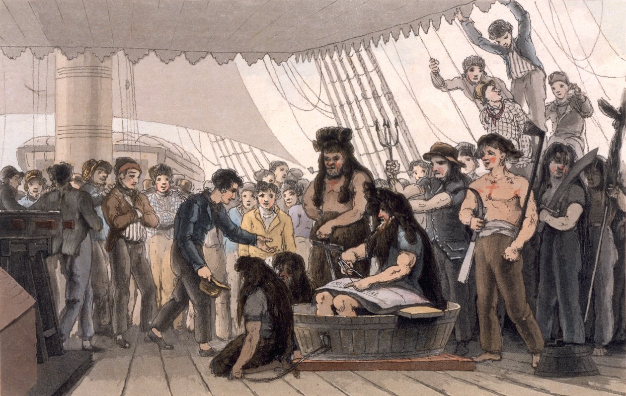 Crossing the Line (klä upp sig när man korsar ekvatorn), från "A Picturesque Journey to India, by the Way of China", 1810 av Thomas und William Daniell