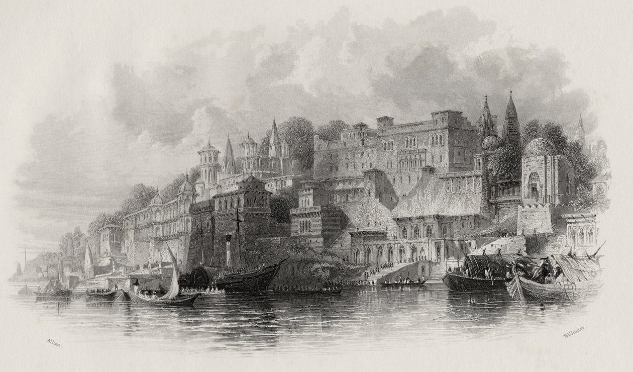 Benares, Indien, graverad av A. Willmore (1814-88) av Thomas Allom