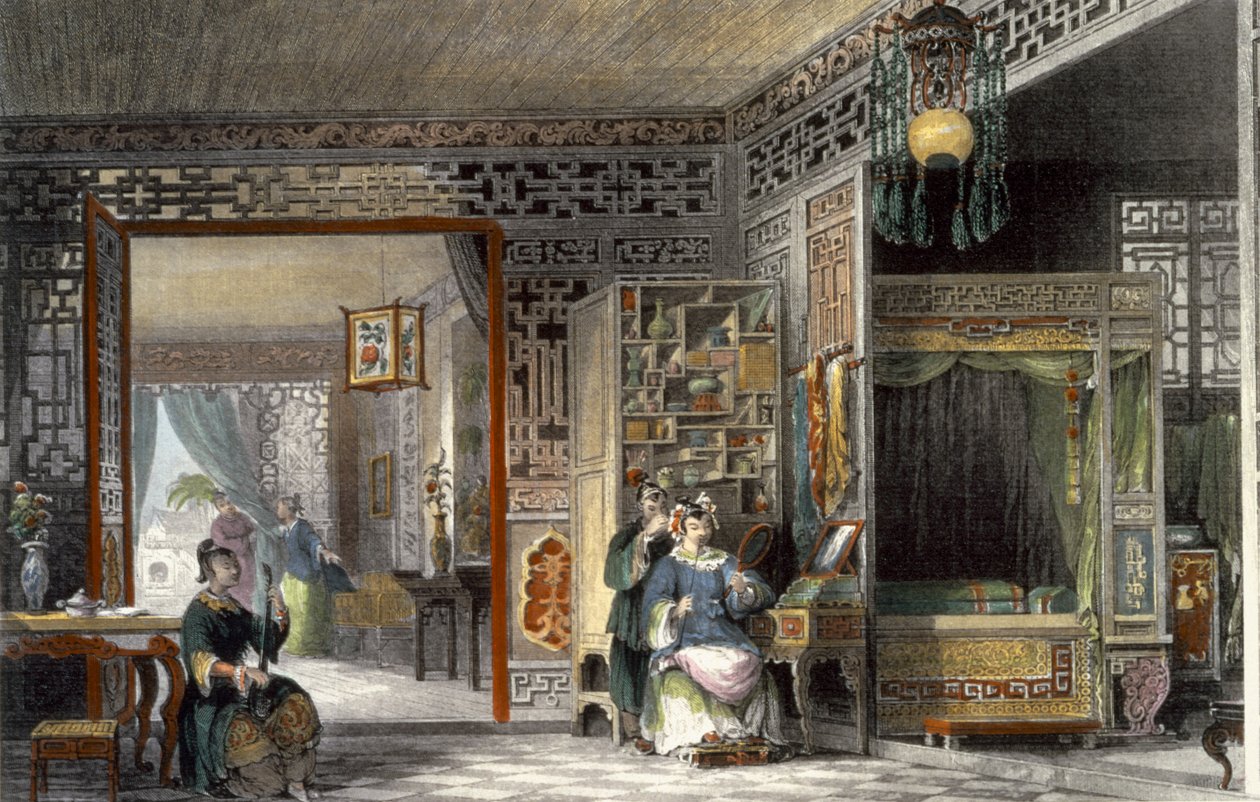 Boudoir and Bed-Chamber of a Lady of Rank, från "China in a Series of Views" av George Newenham Wright (c.1790-1877) 1843 av Thomas Allom