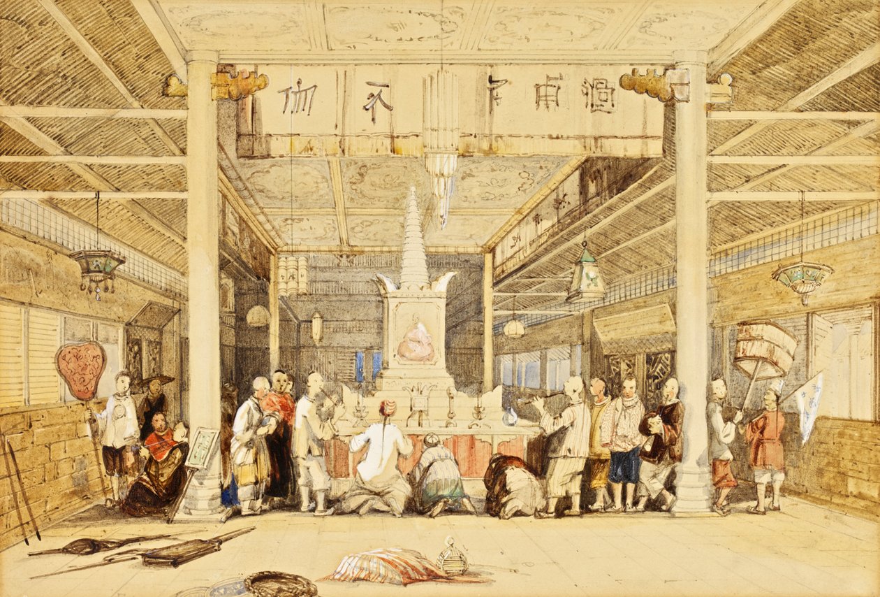 Buddhas tempel, kanton, ca 1850 (penna och bläck, penna, tvätt, förhöjd med vitt på papper) av Thomas Allom