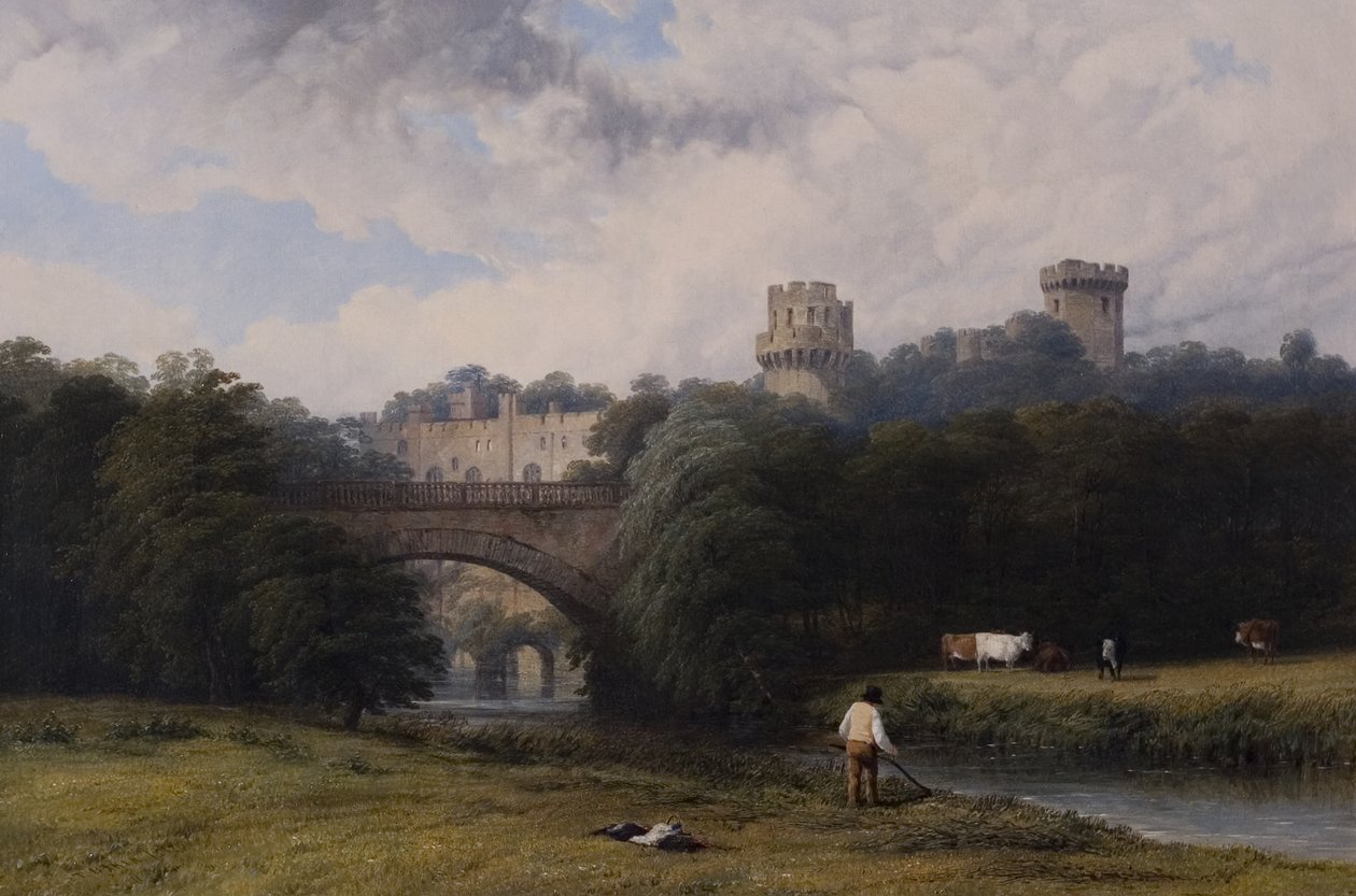 Warwick Castle, från floden, 1842 av Thomas Baker