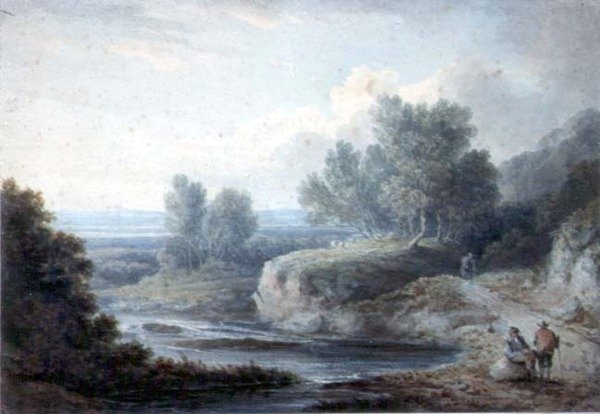 Flodscen med figurer (wc på papper) av Thomas Barker of Bath