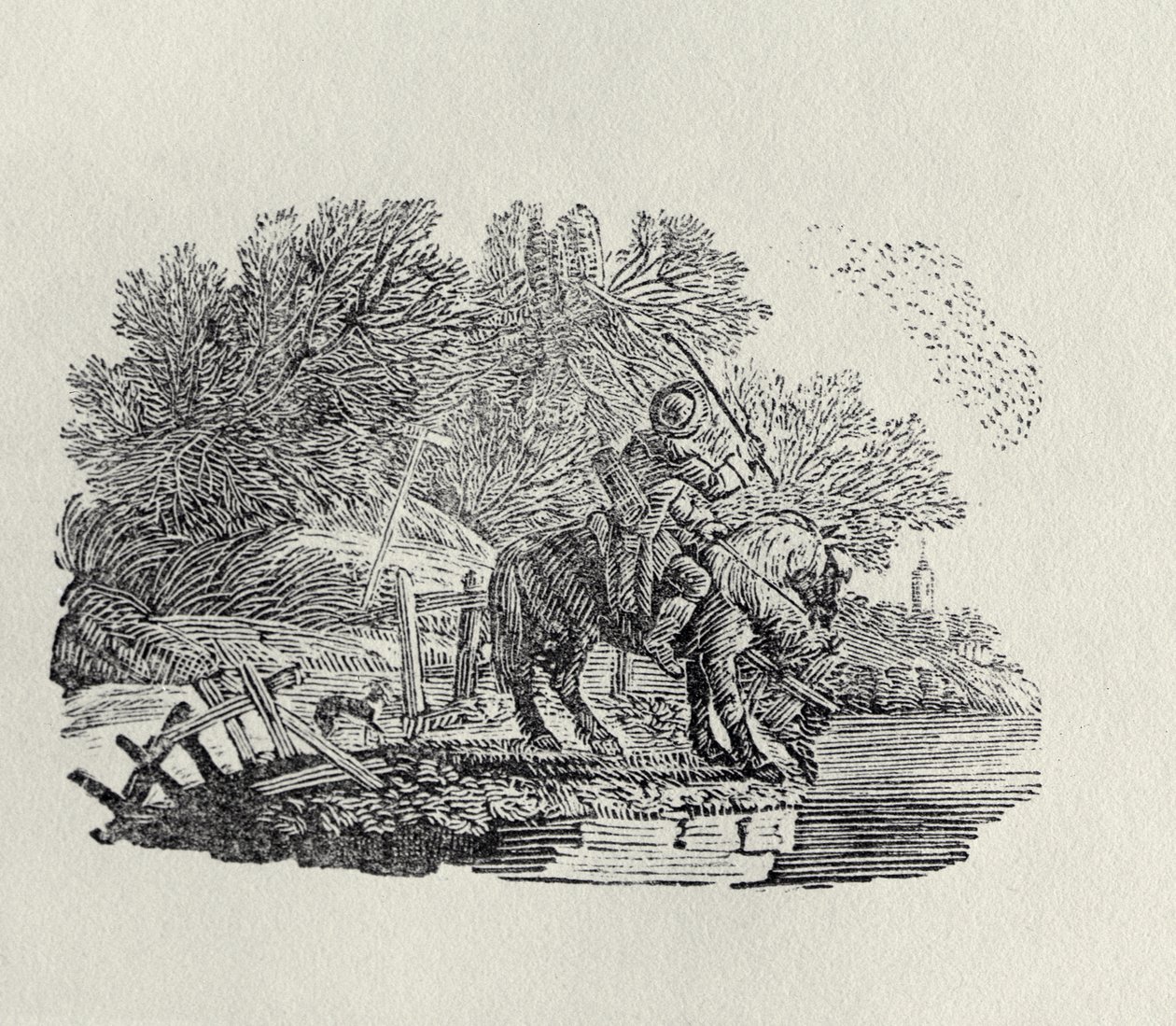 En ryttare distraherad av en flock fåglar (trägravyr) av Thomas Bewick
