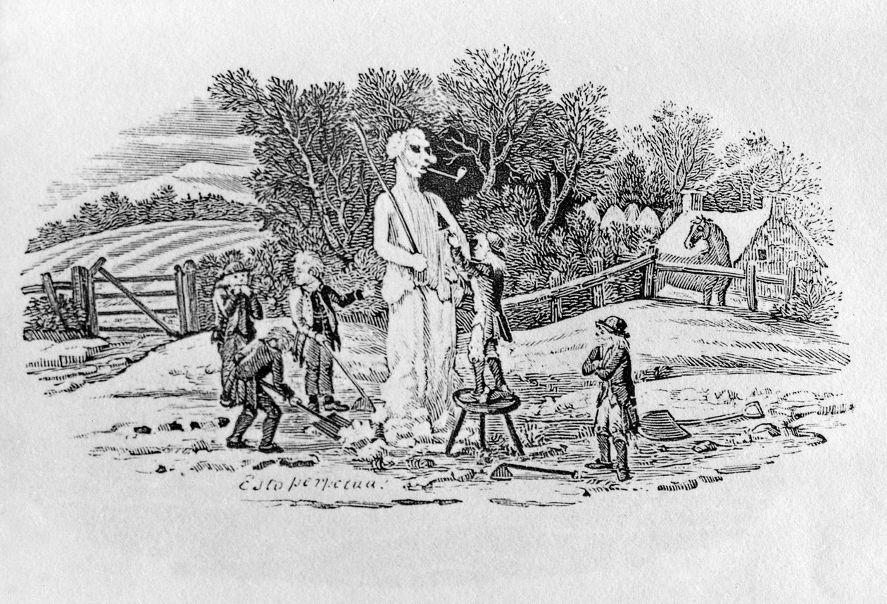 The Snowman at Cherryburn (Esto Perpetua), från Land Birds, ca. 1797 (wwood gravyr) av Thomas Bewick