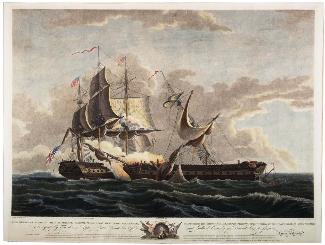 U.S.S. Fregate Constitution som fångar Fregate Guerriere, 1813 (handfärgad gravyr) av Thomas Birch