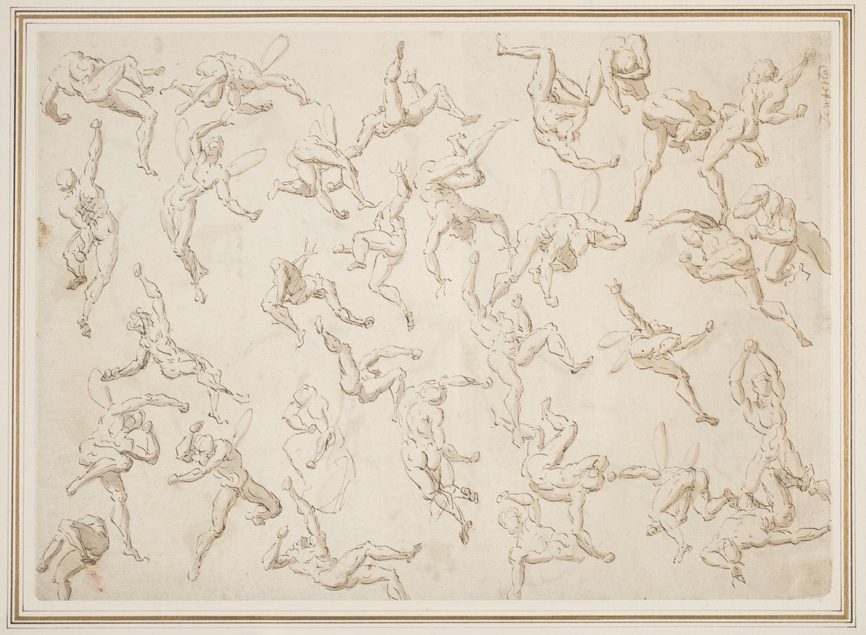 Sheet Of Figure Studies (brunt bläck applicerat med penna med tvätt på krämlagt papper) av Thomas Carwitham