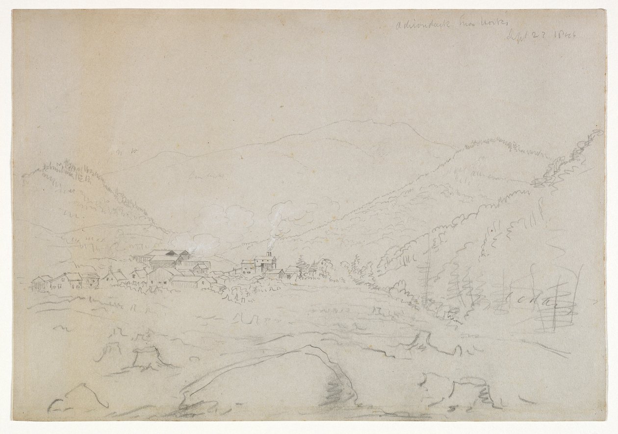 Adirondacks Iron Works, 1846 (grafitpenna på vävt papper) av Thomas Cole