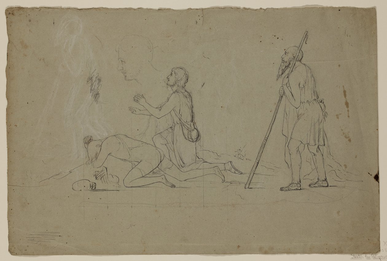 Composition Study of Three Shepherds, 1832-34 (penna och bläck med krita över penna på papper av Thomas Cole