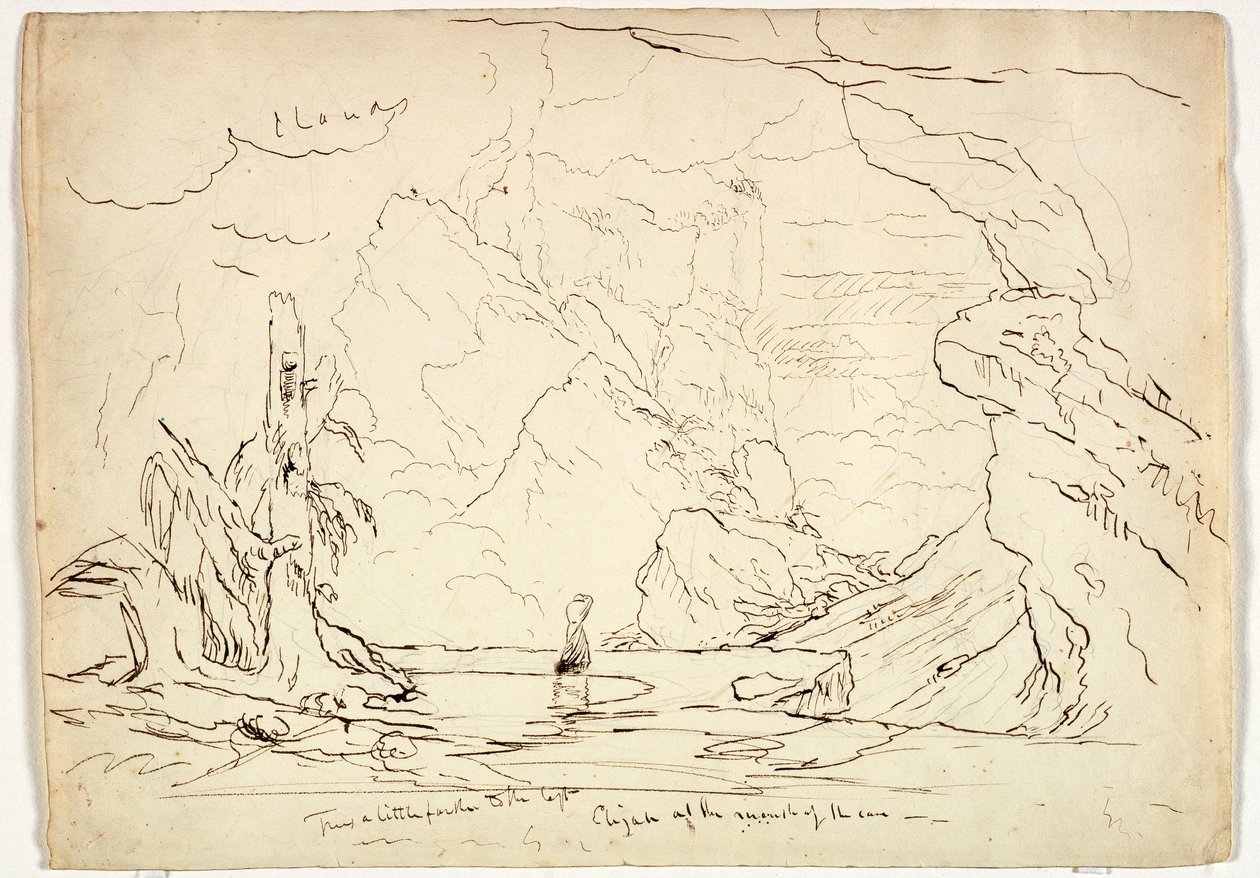 Elijah at the Mouth of the Cave, ca 1829 (penna och bläck över grafit på papper) av Thomas Cole