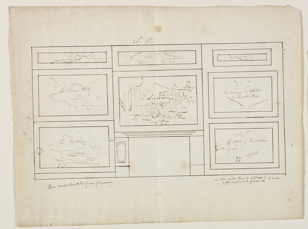 Layout för The Course of Empire, 1833 (penna och bläck över penna på papper) av Thomas Cole