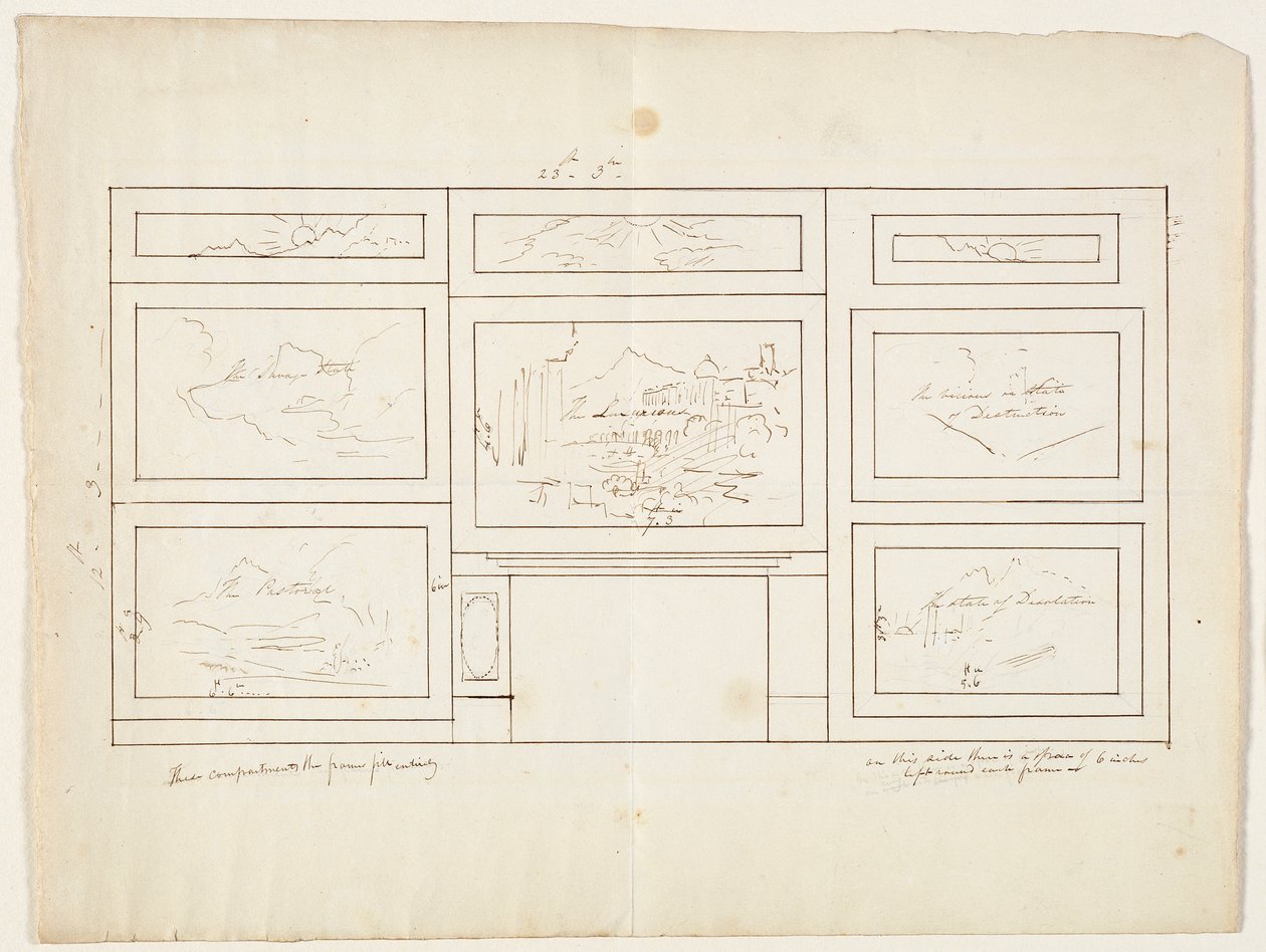 Layout för The Course of the Empire, 1833 (penna & brunt bläck över grafitpenna på benvitt vävt papper) av Thomas Cole
