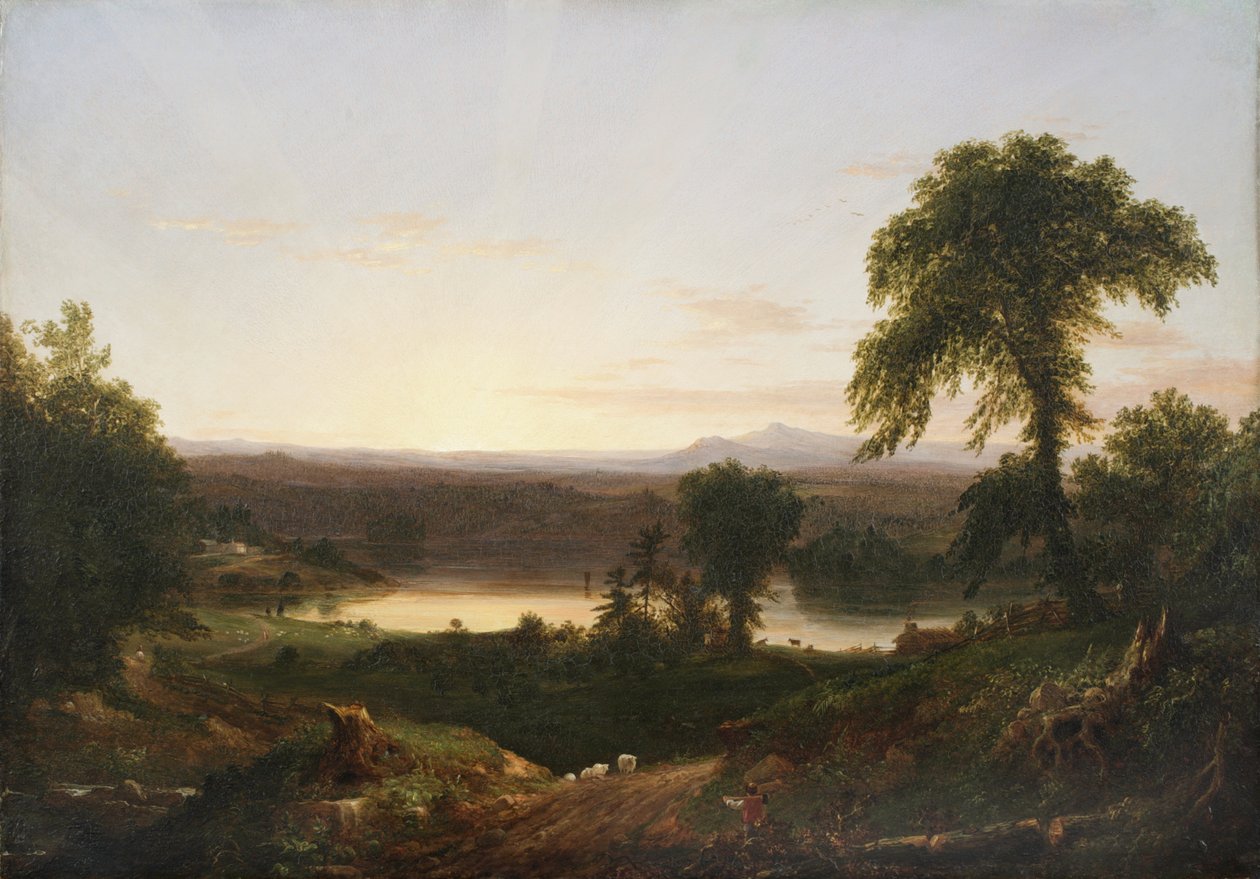 Summer Twilight, A Recollection of a Scene in New England, 1834 (olja på träpanel) av Thomas Cole