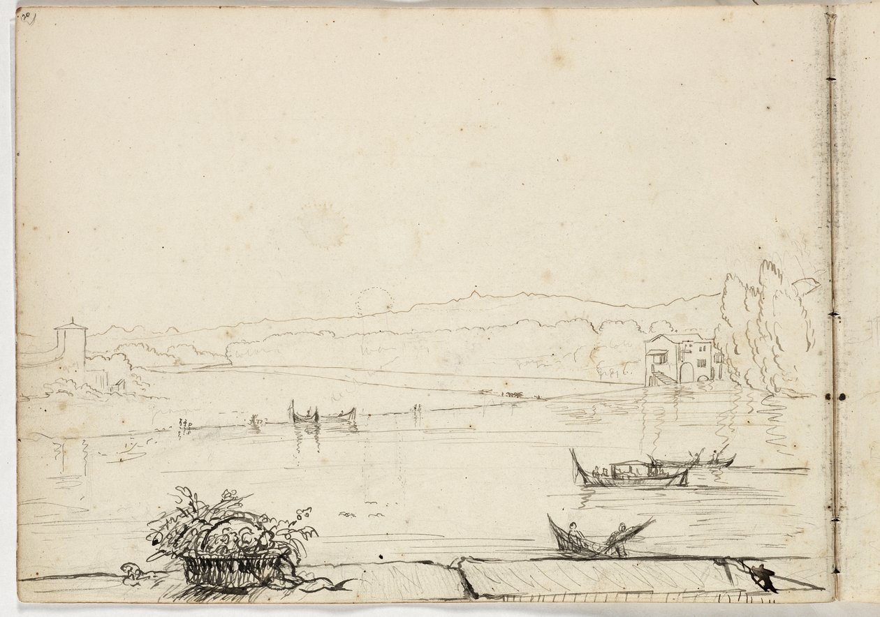 Untitled (studie av en flodscen med båtar) 1831 (penna och bläck över penna på papper) av Thomas Cole