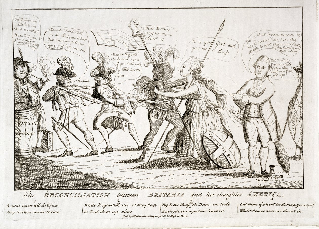 The Reconciliation Between Britannia and her Daughter America, pub. af W. Richardson, 11. maj 1782 swed av Thomas Colley