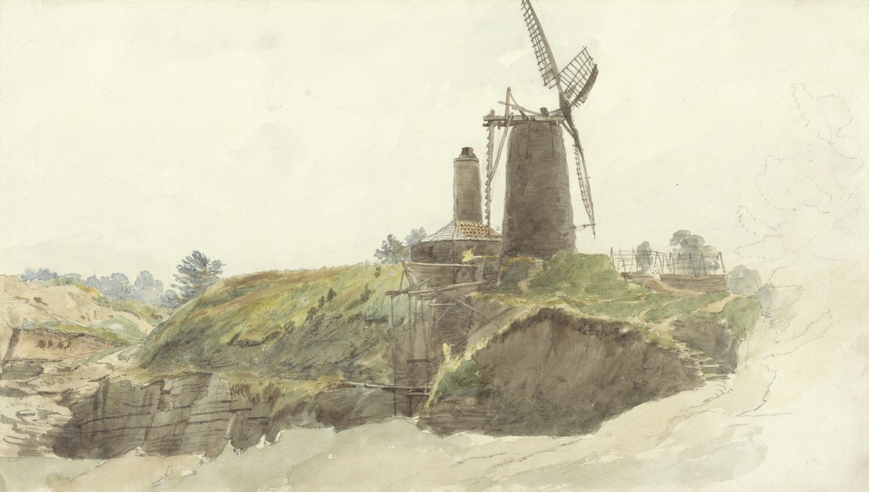 Landskap med väderkvarn (wc med tvätt över grafit på papper) av Thomas Creswick