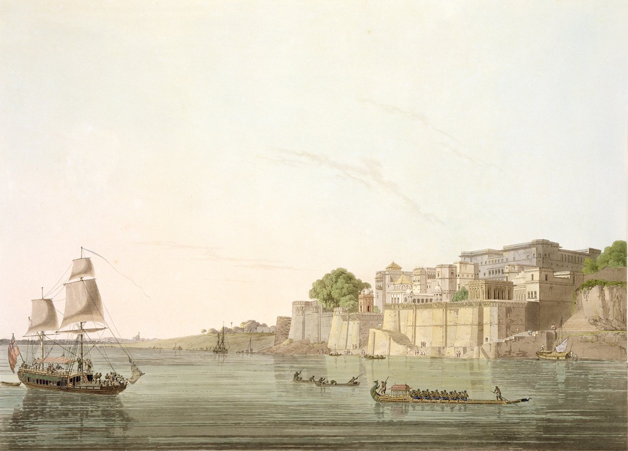 Ramnugur, nära Benares, vid floden Ganges, från "Oriental Scenery: Tjugofyra vyer i Hindoostan", 1796. av Thomas Daniell