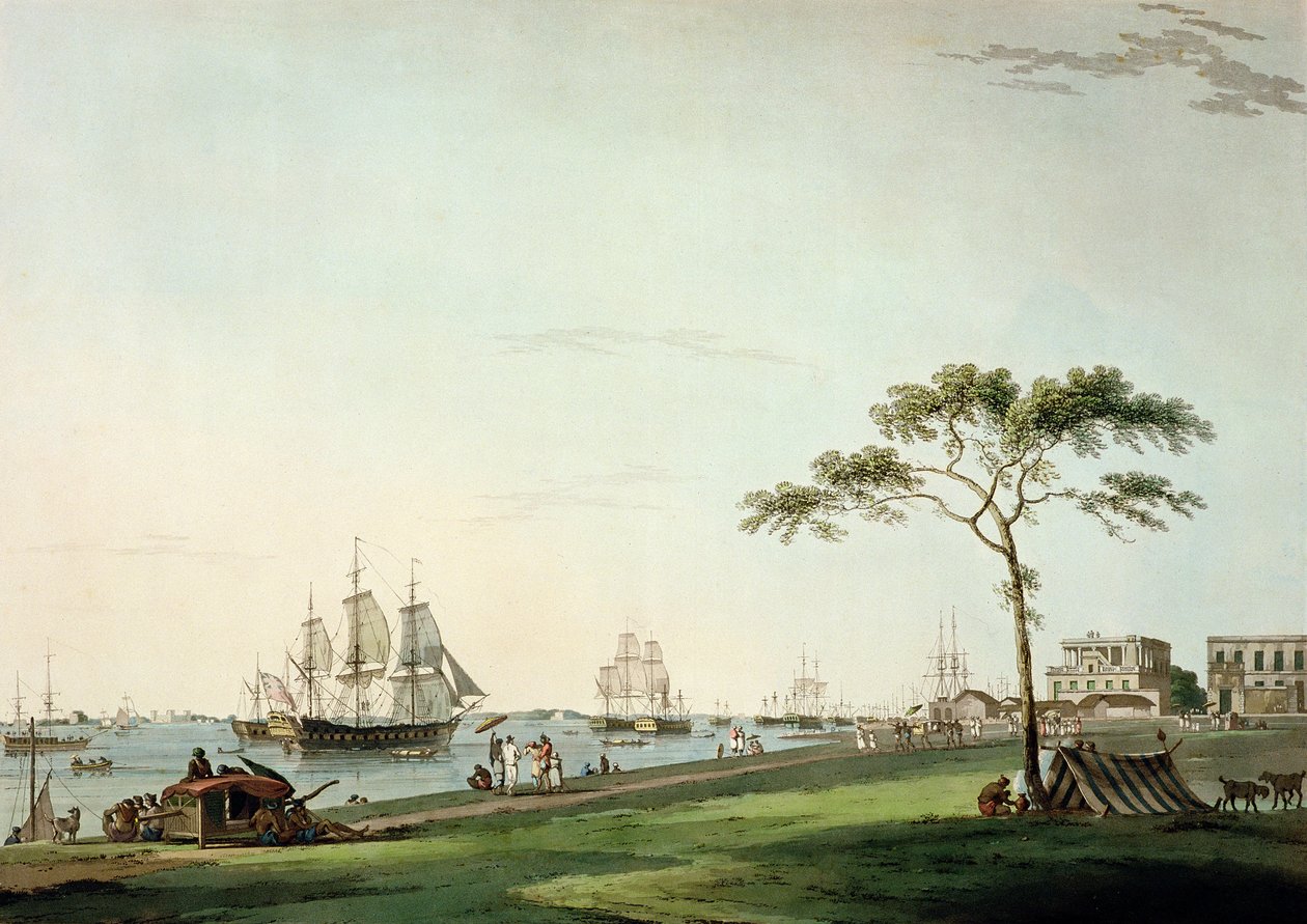 View Taken on the Esplanade, Calcutta, platta I från "Oriental Scenery", publicerad 1797 (färgad akvatint) av Thomas Daniell