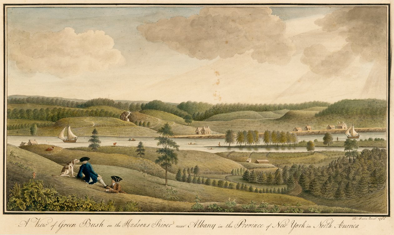 A View of Greenbush på Hudson River nära Albany, i provinsen New York, 1766 (wc & svart bläck över grafit på papper) av Thomas Davies