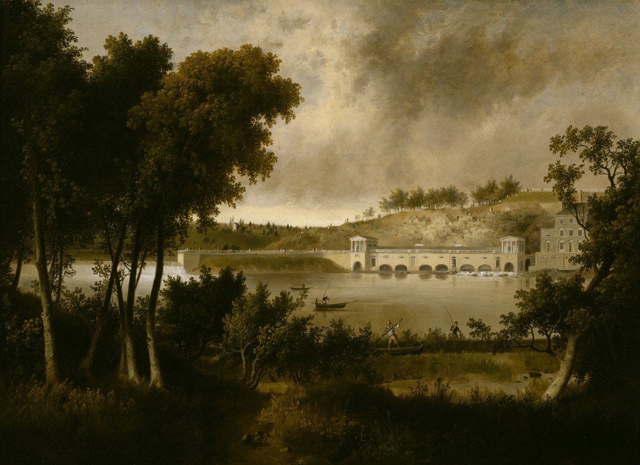 Utsikt över Fairmount Waterworks, Philadelphia, från den motsatta sidan av Schuylkill River, ca. 1824-1826 av Thomas Doughty