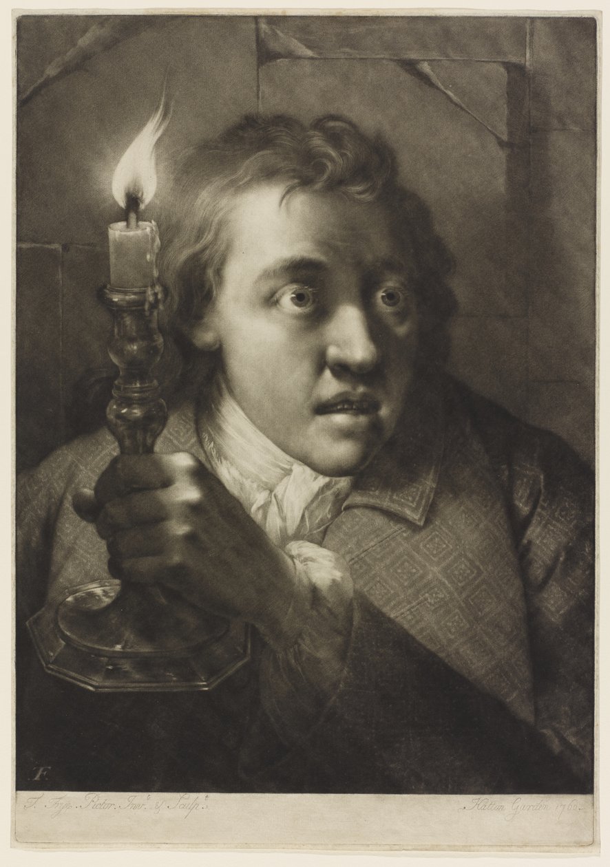 Ung man håller ett ljus (mezzotint på papper) av Thomas Frye