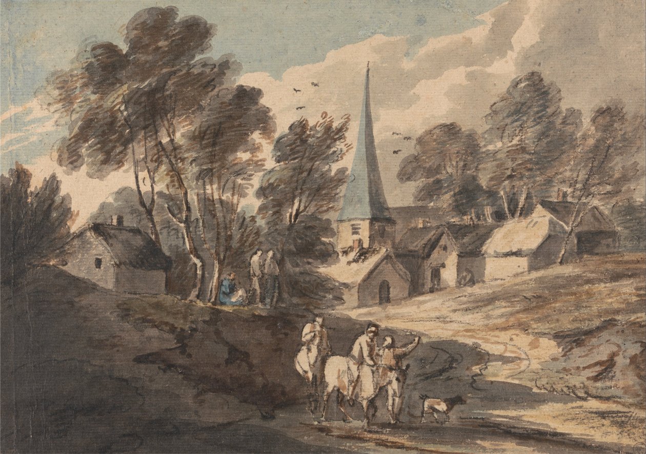 Resenärer till häst närmar sig en by med en spir av Thomas Gainsborough