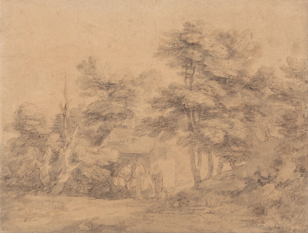 Trädbevuxet landskap med figurer, åsnor och stuga av Thomas Gainsborough