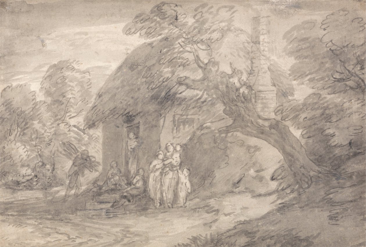 Trädbevuxet landskap med figurer utanför en stugdörr av Thomas Gainsborough