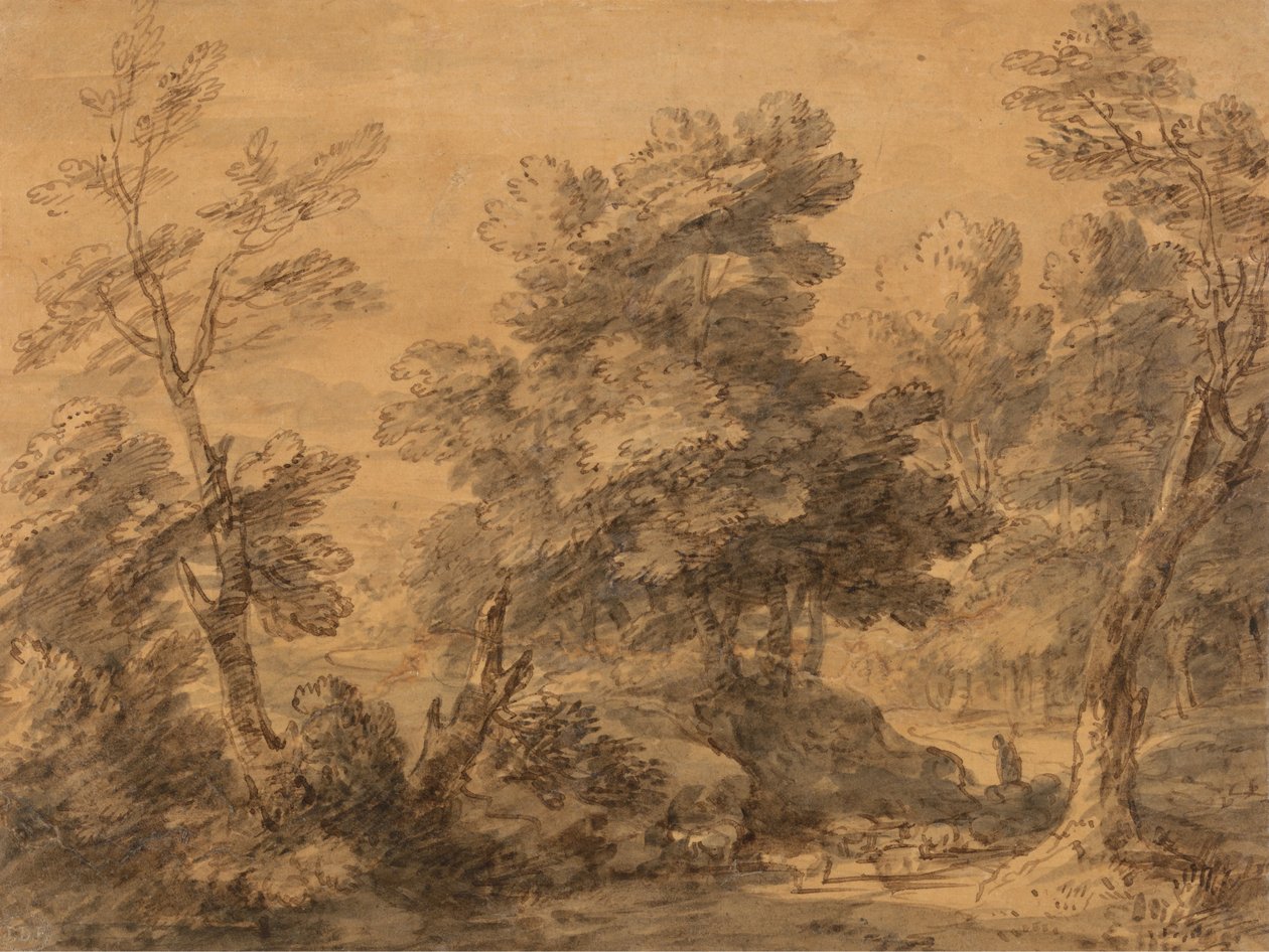 Trädbevuxet landskap med herde och får av Thomas Gainsborough