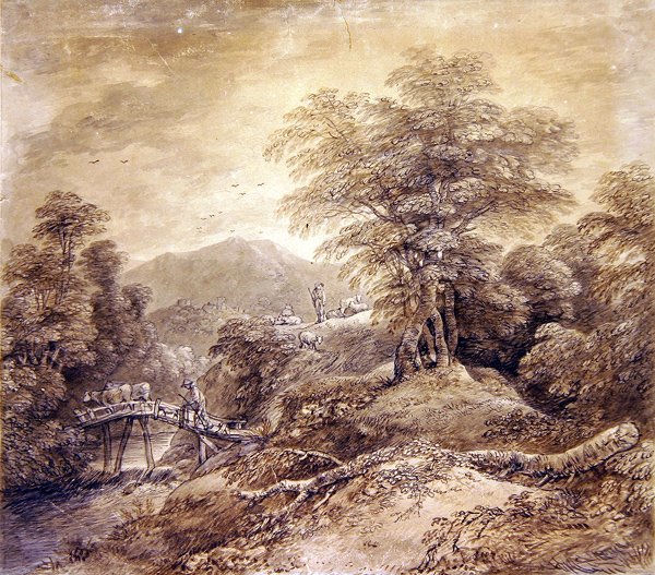 Wooded Mountain Landscape Herdsman & Cows Crossing, 1759 (penna, bläck och wc på papper) (se även 352793) av Thomas Gainsborough