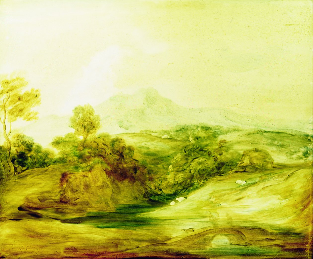 Skogbevuxen flodlandskap med figurer på en bro, ca 1783-4 (måla på glas) av Thomas Gainsborough