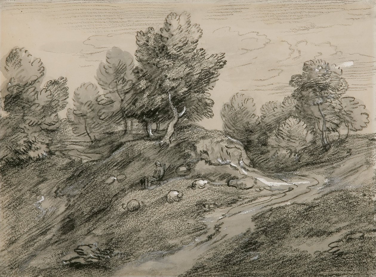 Trädbevuxet bergslandskap med herde och får och landsväg som slingrar sig runt en kulle. av Thomas Gainsborough