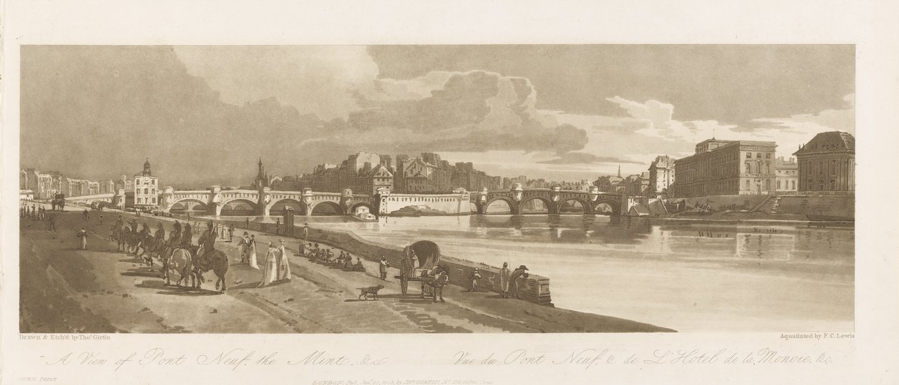 Utsikt över Pont Neuf, The Mint & etc, c.1802 (mjuk slipad etsning, torrnål och wc på papper) av Thomas Girtin